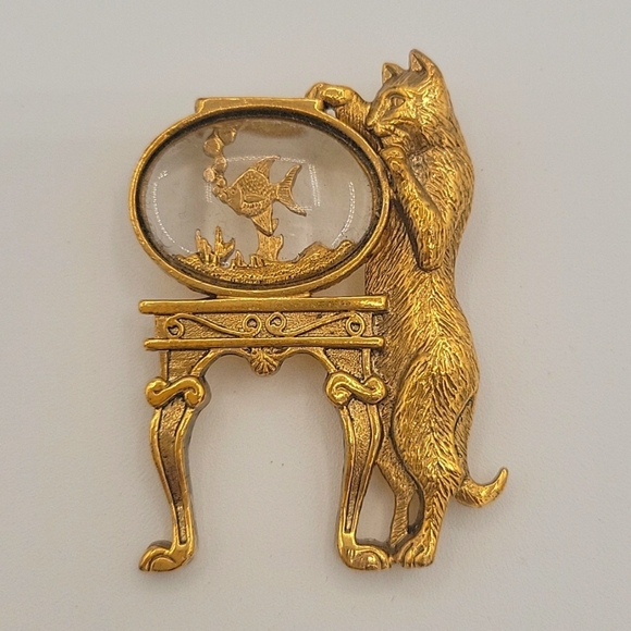 1928 Jewelry - 1928 Cat & Fish Bowl Vintage Lucid Gold Tone Brooch
